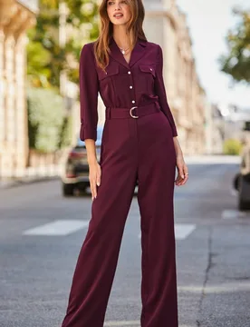 Womens Burgundy Utility Pocket Belted Jumpsuit - Red - Size 16 Regular - Sosandar - FashionsVida