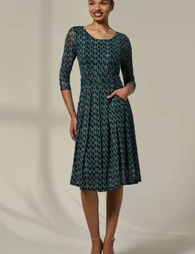 Women's 3/4 Sleeve Printed Mesh Dress in Green Size: 14 - Green - Size: 14 - Jolie Moi - FashionsVida