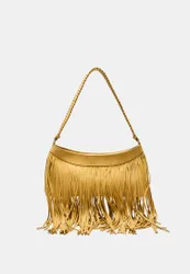 Längliche Schultertasche mit Fransen Senf OS