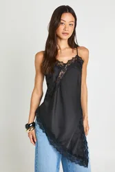 Womens Tall Satin Lace Longline Cami - Black Elastane - Size 8 Uk