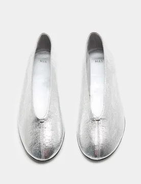 Leather Metallic Round Toe Ballet Pumps Silver female - M&S - FashionsVida