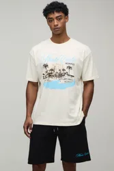 Mens Oversized Monte Carlo Print T-Shirt & Short Set - Ecru Cotton - Size Large
