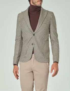Blazer beige con fantasia a quadretti noce e verde in jersey di viscosa stretch e rever a lancia - Paul Baker - FashionsVida