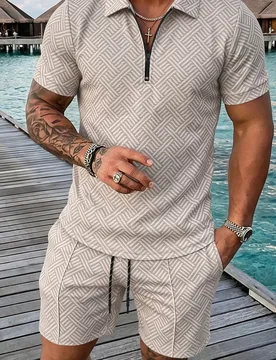 Conjunto casual de moda para hombre, top con cremallera de manga corta y estampado digital, y pantalones cortos - Shein - FashionsVida