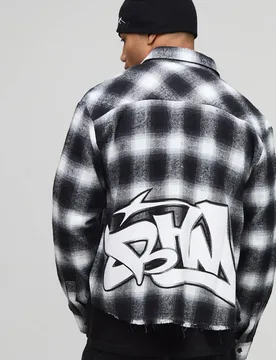 Men's Oversized Boxy Graffiti Long Sleeve Flannel Check Shirt Black Size Small Black S - boohooMAN - FashionsVida