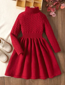 Vestido suéter de punto de color liso con cuello alto y manga larga para niña preadolescente, ropa casual para otoño e invierno, vestido de otoño - Shein - FashionsVida