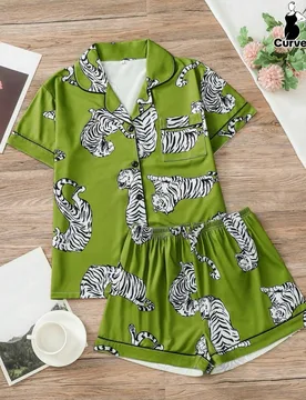 Piezas Conjunto de pijama de talla grande para mujer, estampado de tigre, ropa de casa para damas, conjunto de primavera y verano para vacaciones, blu - Shein - FashionsVida