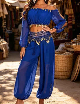 Top corto de gasa con hombros descubiertos y decoración de monedas para danza del vientre profesional, pantalones harén de gasa transparente con cin - Shein - FashionsVida