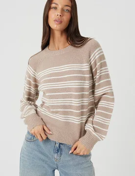 Women's Raglan Sleeve Stripe Jumper in Beige Size: XL - Beige - Size: XL - Brave soul - FashionsVida