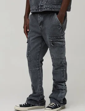 Mens Herringbone Denim Cargo Flared Jeans - Grey Cotton - Size 30r - boohooMAN - FashionsVida