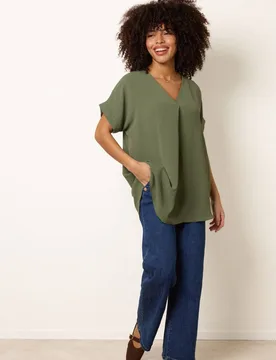 Women's Khaki Short Sleeve V-neck Top - Khaki - Size: One Size - Blue Vanilla - FashionsVida