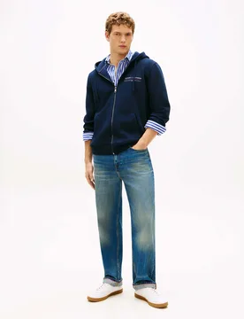 Felpa con cappuccio e zip blu scuro in cotone con logo ricamato - Tommy hilfiger - FashionsVida
