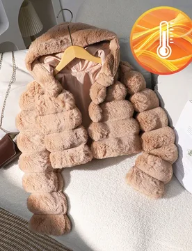 Pieza Chaqueta de niña de piel sintética suave, abrigo corto con capucha de manga larga elegante y ajustado, adecuado para otoño/invierno - Shein - FashionsVida