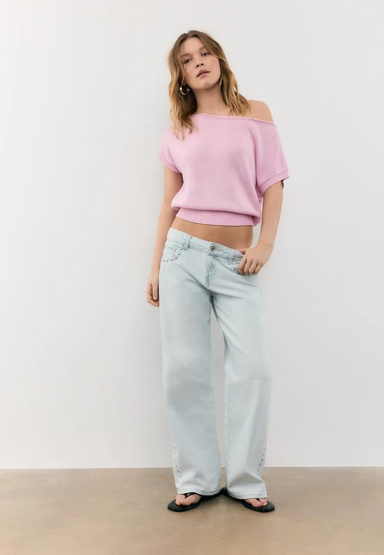 Rustikales Stricktop mit Bateau-Ausschnitt Pastellrosa S - Stradivarius - FashionsVida