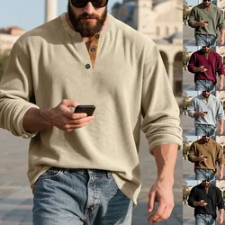 Autumn Corduroy Long Sleeve Men's T-Shirt Simple Retro Loose Casual Henley Men's Top