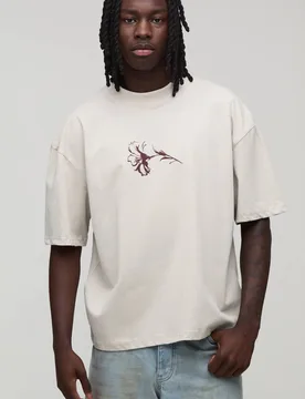 Men's Oversized Boxy Floral Micro Print T-Shirt Stone Size Large Stone L - boohooMAN - FashionsVida