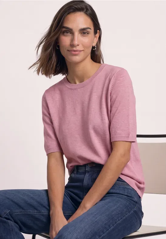 Kurzarm Pullover mit Rundhals in Unifarbe female Rosa - Street One - FashionsVida