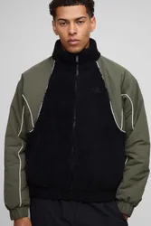 Mens Regular Fit Borg And Nylon Mix Funnel Neck Jacket - Black - Size X-Small