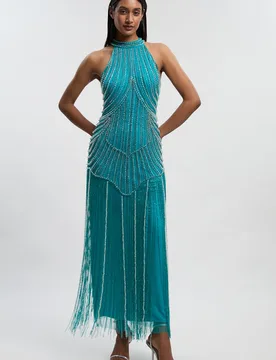 Womens Crystal Embellished Fringed Woven Midi Dress - Blue - Size 12 Uk - Karen millen - FashionsVida