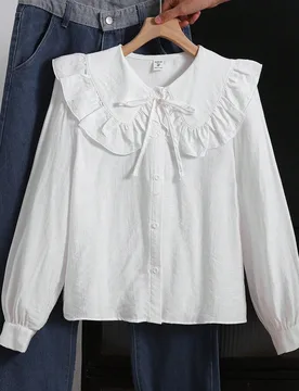 Camisa casual versátil de manga larga con cuello Peter Pan blanco tejida para adolescente - Shein - FashionsVida