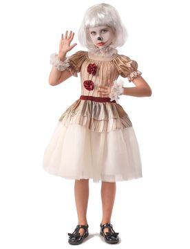 Horror-Clown-Kostüm für Mädchen 5-teilig weiss-beige-rot - female