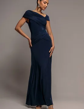 Women's Asymmetric Neck Gathered Waist Maxi Dress in Navy Size: 14 - Navy - Size: 14 - Goddiva - FashionsVida