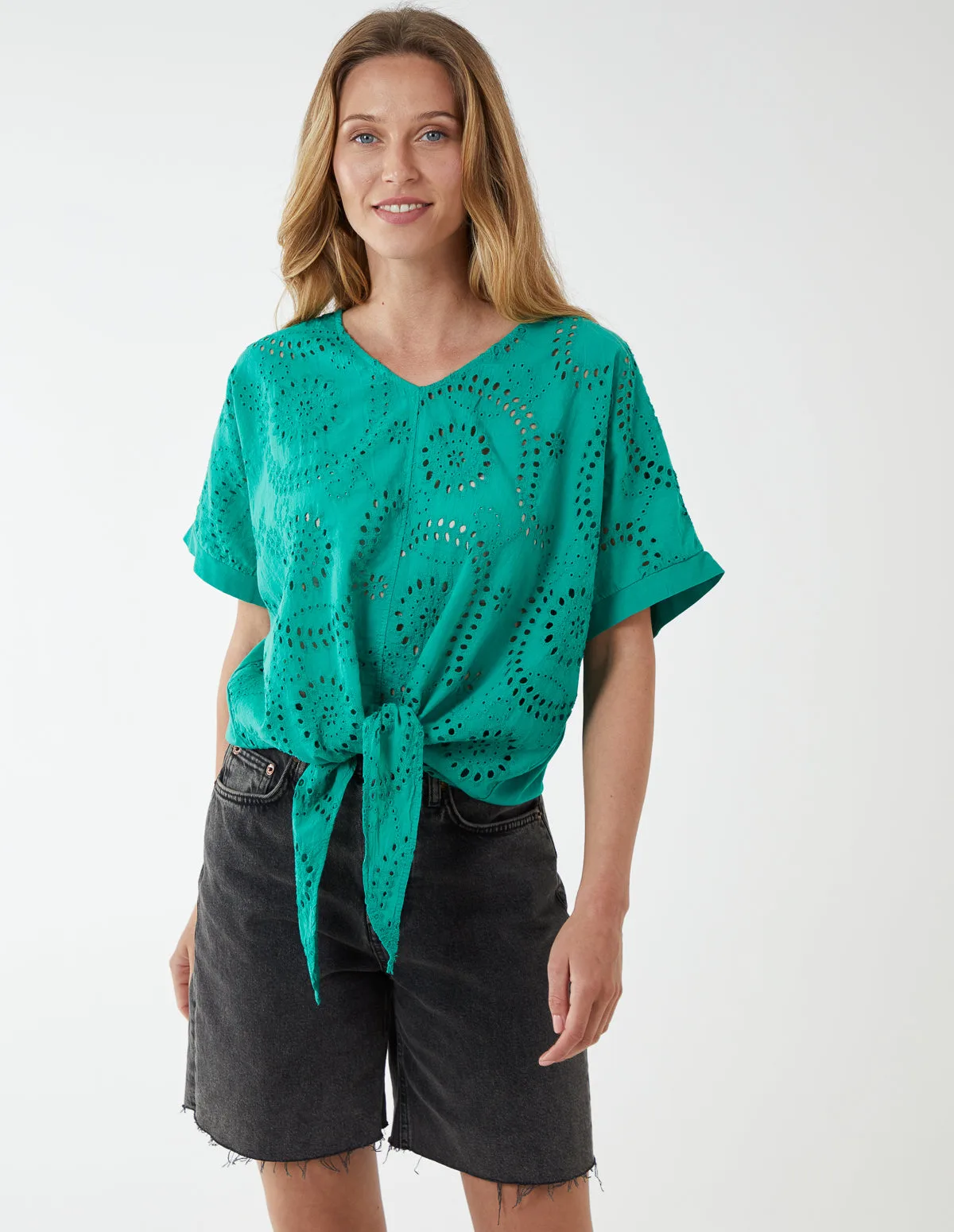 Tie Front Lace Cotton Top - ONE / GREEN - female - Blue Vanilla - FashionsVida