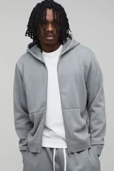 Mens Tall Essential Washed Boxy Zip Through Hoodie - Light Grey Cotton - Size X-Large