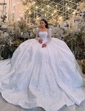Customized Princess Sequined Beading Ball Gown Wedding Dresses 2026 Square Collar Illusion Dubai Bride Gowns Vestido De Noiva - Aliexpress - FashionsVida