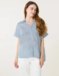 Stripe Button Front Shirt - M / NAVY - female