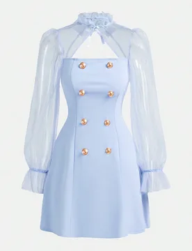 Vestido de niña preadolescente con mangas acampanadas de malla en contraste, lazo y línea A sólido, apto para volver al colegio, uso diario, ocasio - Shein - FashionsVida
