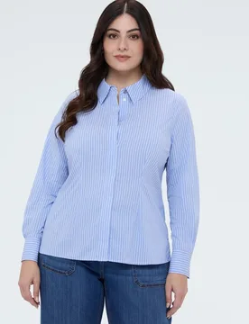 Camisa de mujer a rayas de algodón cuello clásico y mangas largas con puños - Fiorella Rubino - FashionsVida