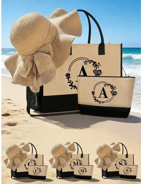Bolso de playa para mujer, bolso de lona y sombrero de playa, con diseño de letras florales negras. Bolso de mano de gran capacidad, bolso de viaje y - Shein - FashionsVida