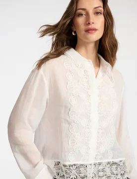 Camisa de mujer de ramio con encaje ajuste relajado con cierre de botones - Elena Miró - FashionsVida