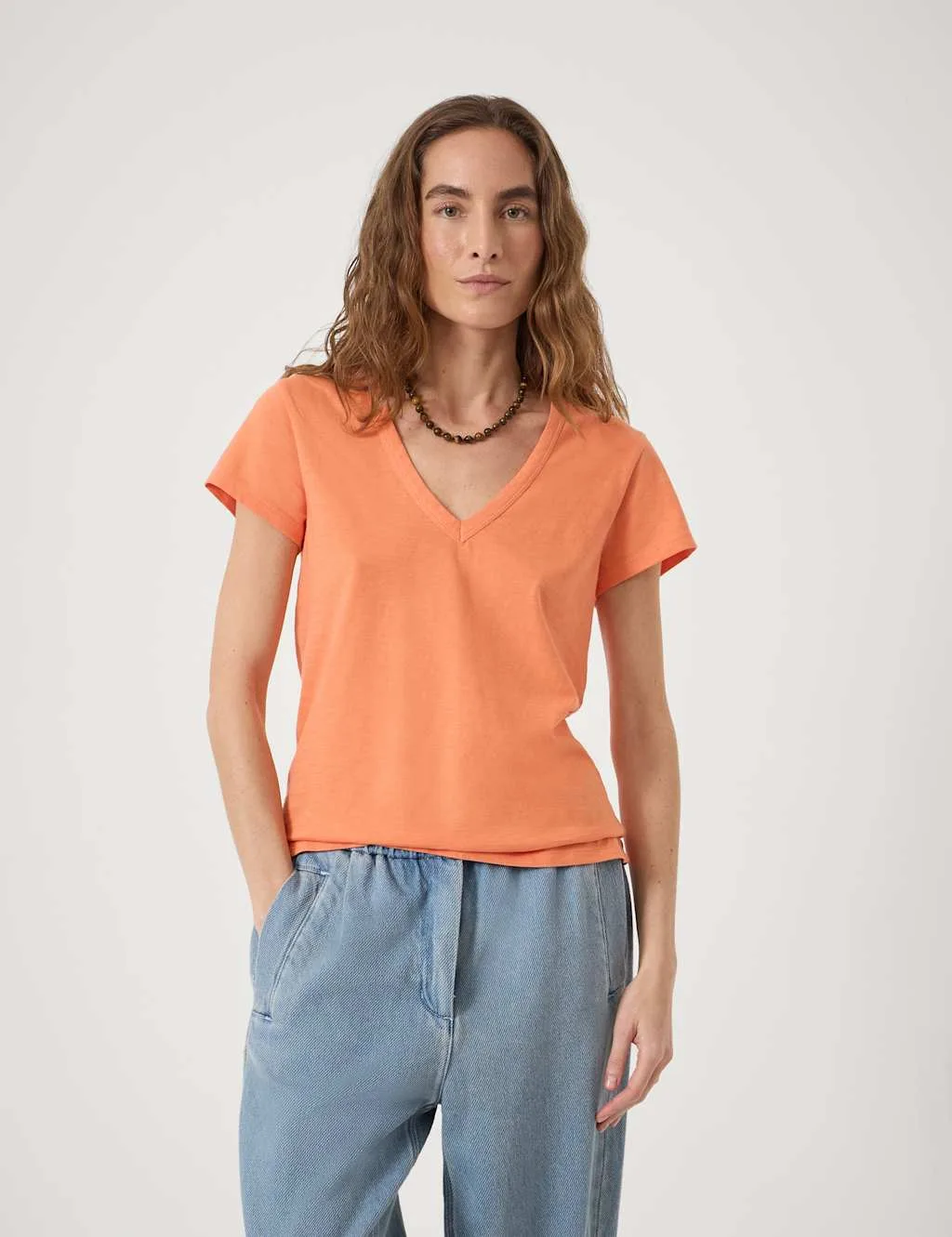 Pure Cotton Textured V-Neck T-Shirt Light Orange female - hush - FashionsVida
