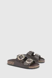 Womens Chunky Buckle Footbed Sliders - Chocolate - Size Uk 7