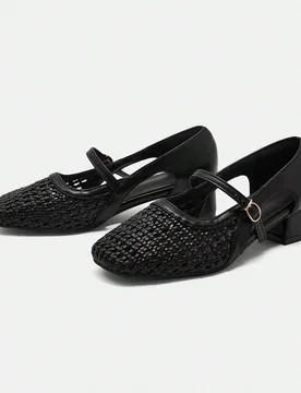 Zapatos de estilo retro francés 2025 con puntera cuadrada, tejido hueco y correa, tacón medio, estilo chino con correa plana para mujer - Shein - FashionsVida