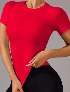Camiseta deportiva de verano ajustada de cuello redondo y manga raglán de unicolor sin costuras - Shein - FashionsVida