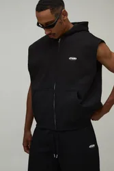 Herren Übergroßer Ärmelloser Kapuzenpullover Mit Durchgehendem Reißverschluss Black Größe Large
