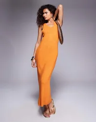 Womens Knitted Scoop Neck Textured Midaxi Dress In Orange