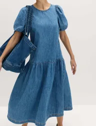 Denim Puff Sleeve Midi Drop Waist Dress Denim female