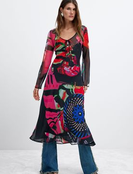 Vestido Estampado Manga Larga M. C. Lacroix, Mujer, Poliester, Negro, XS
