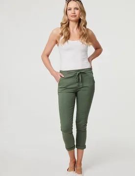 Women's Tie Waist Slim Cropped Trousers in Khaki Size: XL - Khaki - Size: XL - Izabel London - FashionsVida