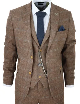 Mens 3 Piece Wool Suit Oak Brown Tweed Herringbone Check Peaky Blinders Gatsby Canvas - Size 40 (Chest) - TruClothing - FashionsVida