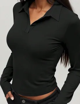 Top de manga larga para mujer, nuevo otoño/invierno, casual deportivo, ajustado, cuello polo con escote en V sin botones, multicolor, adecuado para o - Shein - FashionsVida