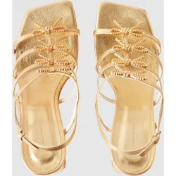 Sandalias de tacón de mujer de piel metalizada con joyas