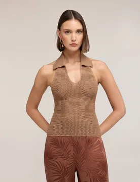 Top de mujer de punto calado con cuello escote halter con cuello - Motivi - FashionsVida