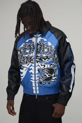 Herren Kastenförmig Geschnittene Euphorie-Grafik Skelett-Kunstleder-Applikation College-Jacke Cobalt Größe XL