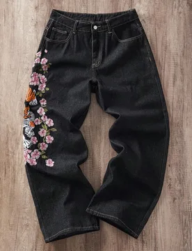 Jeans rectos y holgados de moda vintage streetwear con diseño bordado personalizado de sakura y tigre - Shein - FashionsVida