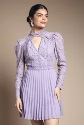 Lace Bodice Pleat Mini Dress - Purple - Size: 8